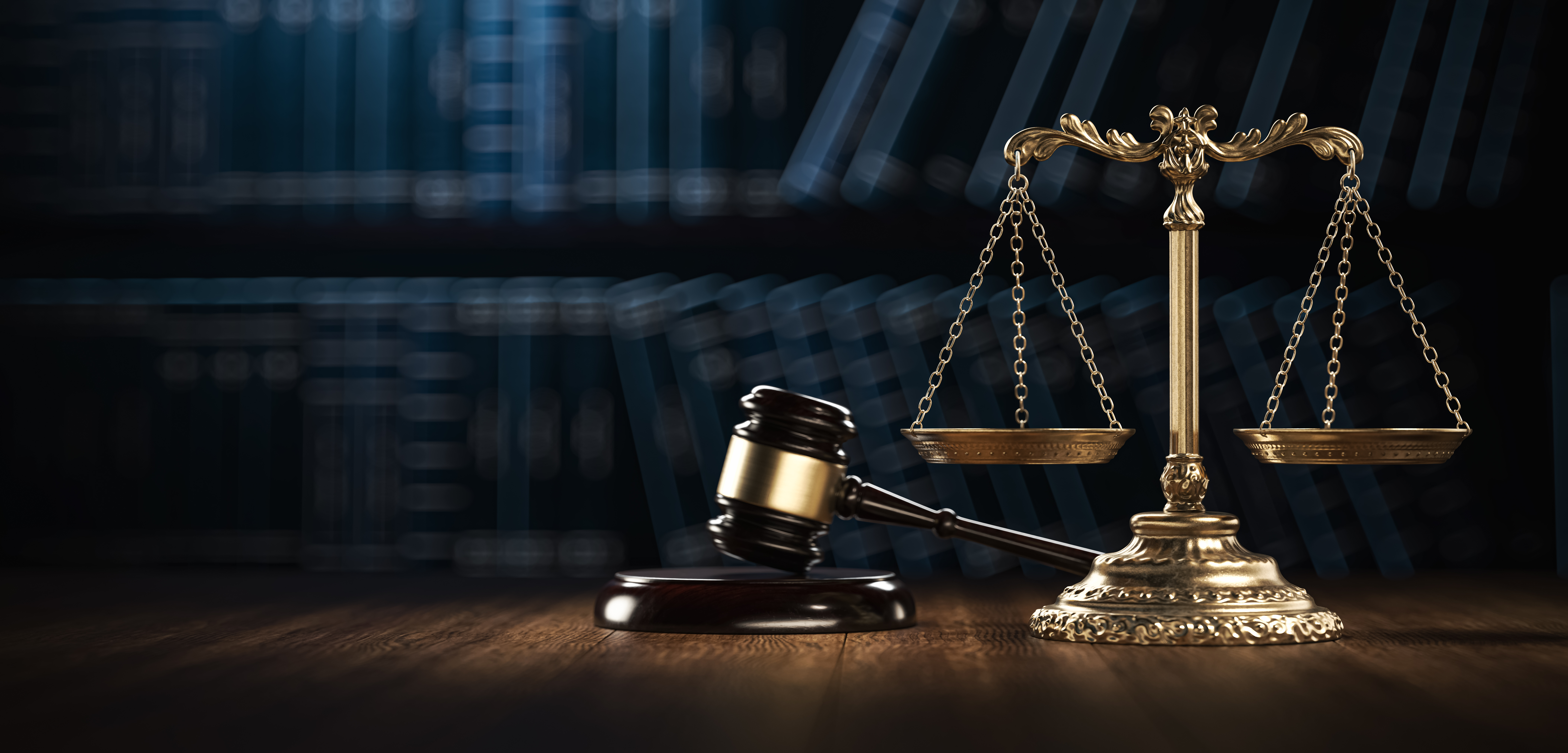 Law Legal System Justice Crime concept. Mallet Gavel Hammer and Scales on table. 3d Render illustration